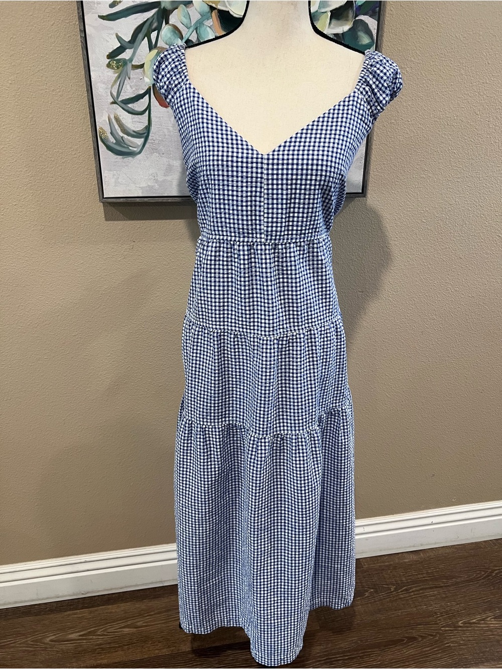 Old Navy Blue Gingham V-Neck Tiered Maxi Dress
